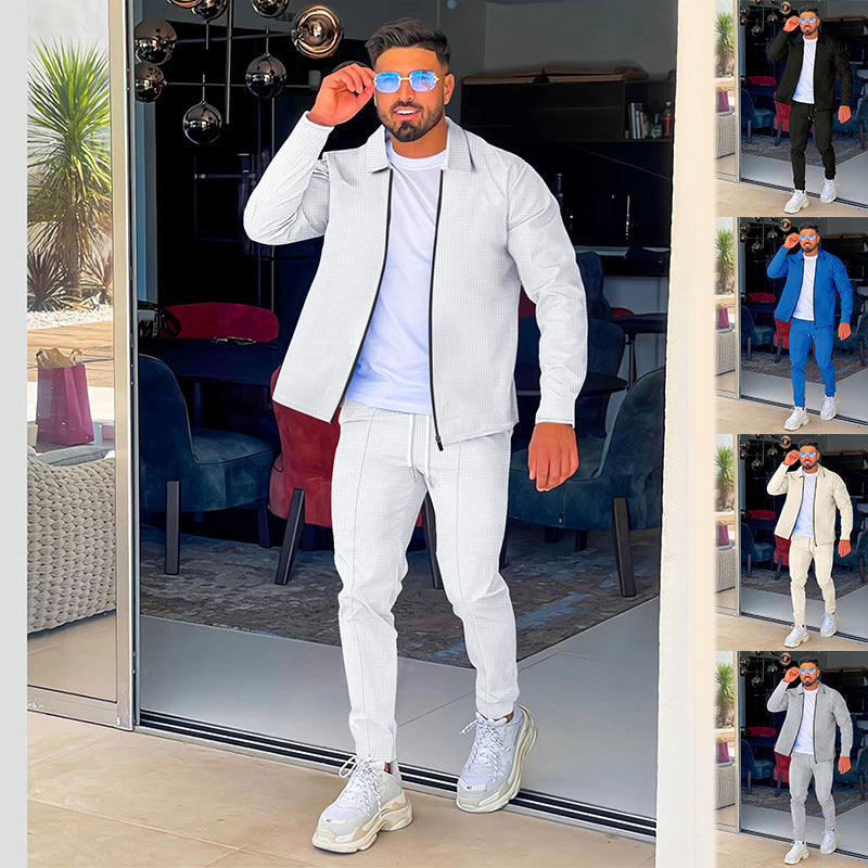 Men's structured waffle training set with shirt collar and slim-fit jogging pants StylebySassy