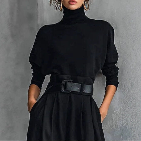 Ladies high-cut elegant pleated trousers with wide leg and roll-neck fine-knit top StylebySassy