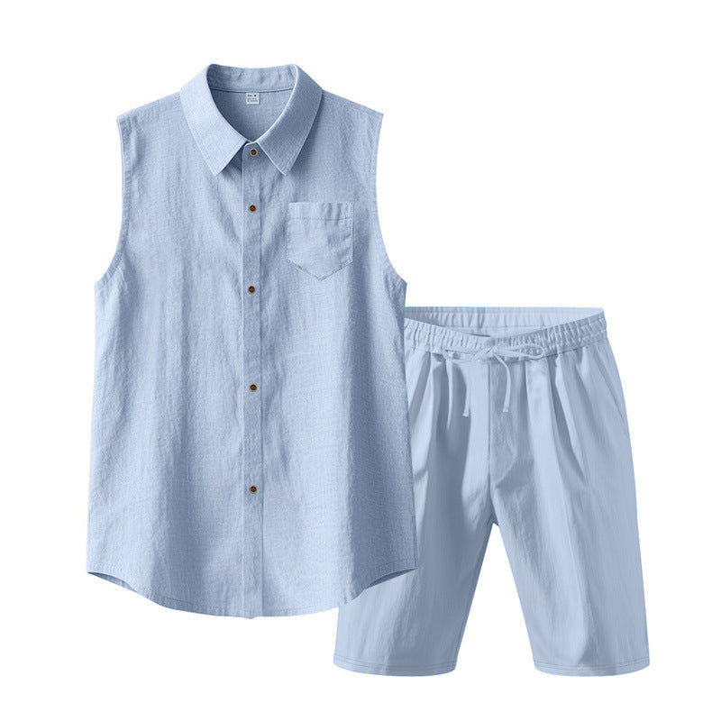 Men's sleeveless shirt and shorts set made of cotton-linen with kent collar and elastic drawstring waistband StylebySassy