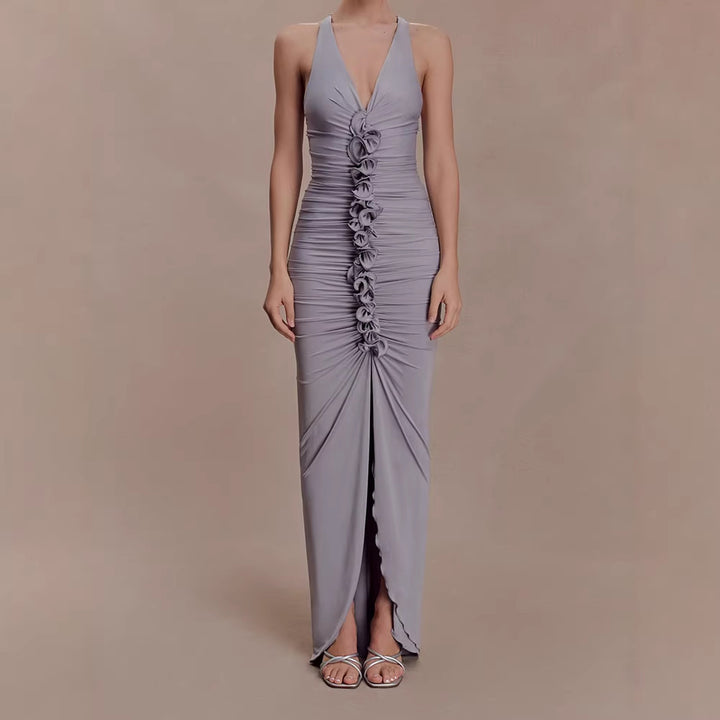 Women High-Quality Evening Dress with Deep V-Neck and Gatherings