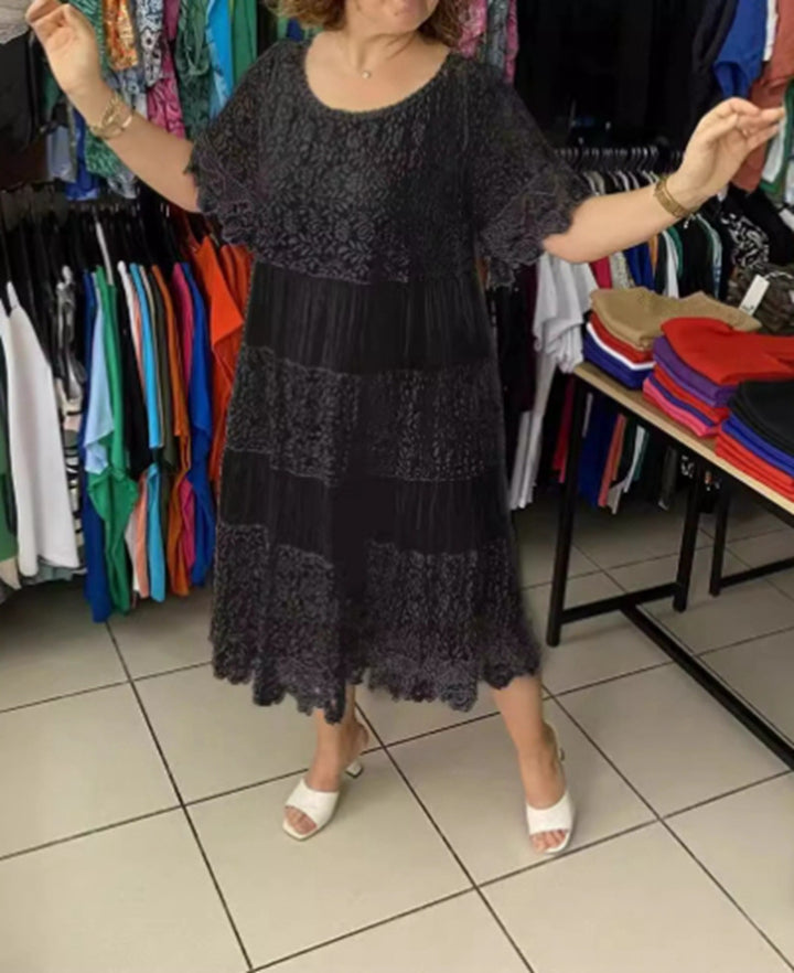 Women's multi-layered lace midi dress with pleated inserts and flounce sleeves StylebySassy