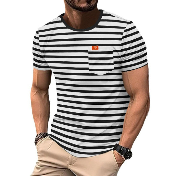 Men's casual striped cotton jersey T-shirt with round neckline and unobtrusive logo patch StylebySassy