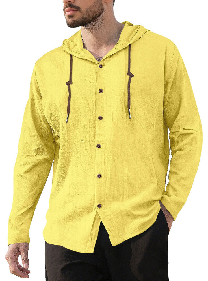 Men's hooded shirt in linen look with button placket and drawstring StylebySassy