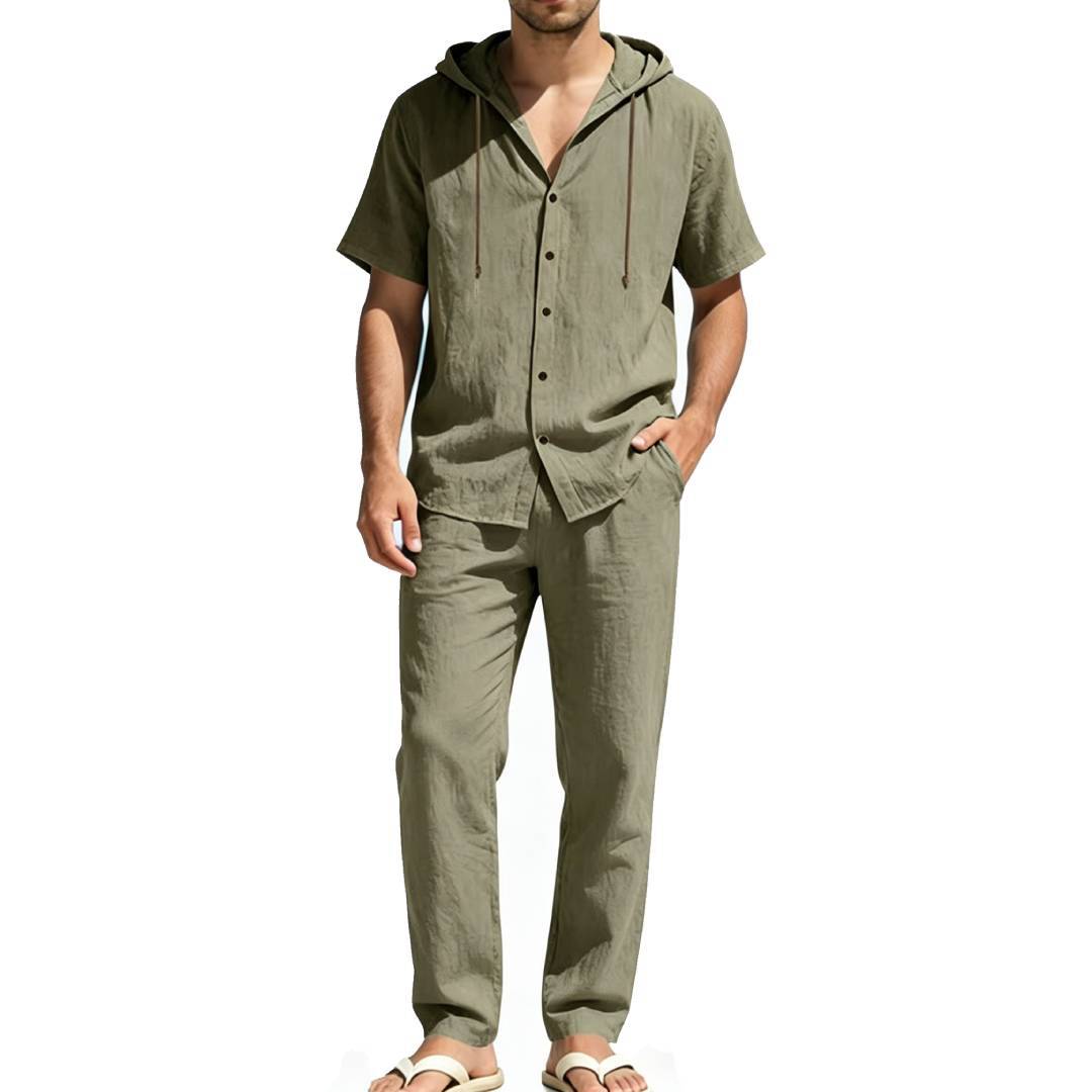 Men's airy linen lounge set with short-sleeved hoodie and straight relaxed pants StylebySassy