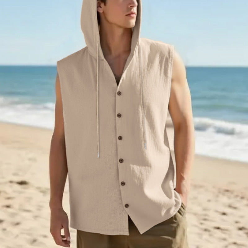 Men's sleeveless hooded shirt in linen look with wooden button placket StylebySassy