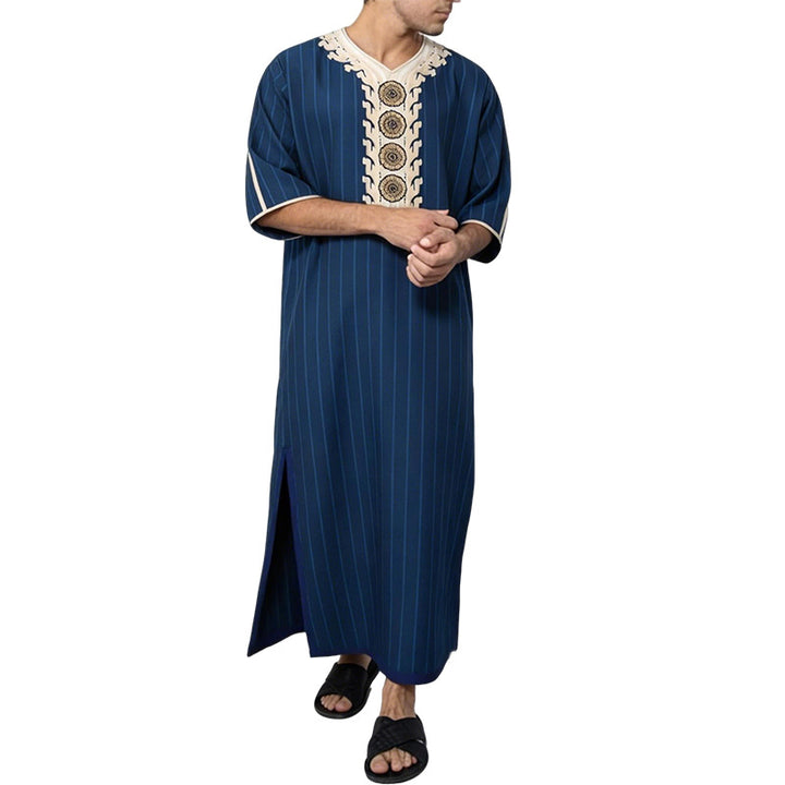 Men's striped Djellaba with decorative chest embroidery and side slit StylebySassy