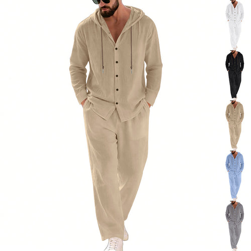 Men's two-piece lounge set with button hoodie shirt made of crepe jersey and straight drawstring pants StylebySassy