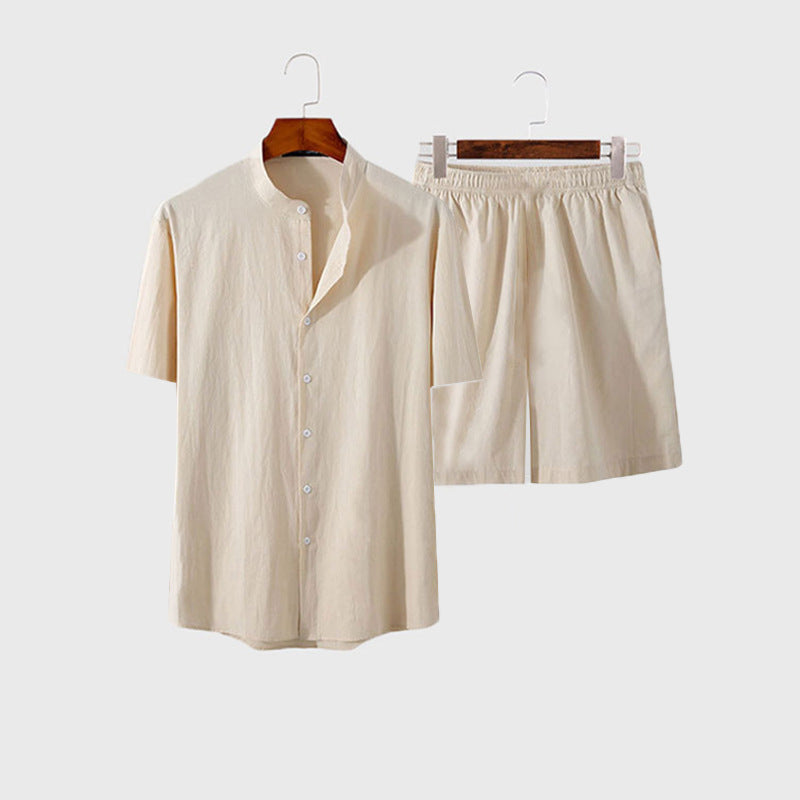 Men's two-piece summer leisure ensemble with open shirt collar and loose knee-length shorts StylebySassy