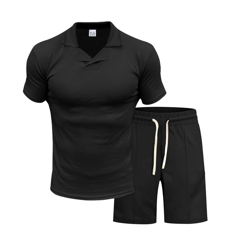 Men's short-sleeved polo lounge set with V-insert at the collar and drawstring bermuda StylebySassy