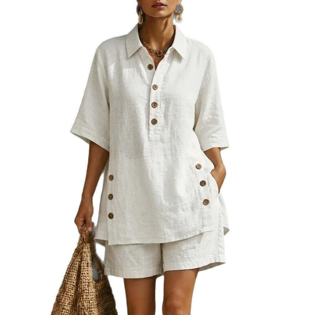 Women's airy linen-look two-piece set with oversized shirt blouse, button placket, and Bermuda shorts StylebySassy