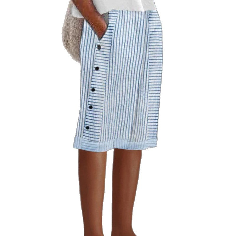 Women knee-length linen blend skirt with side button placket and side pockets StylebySassy