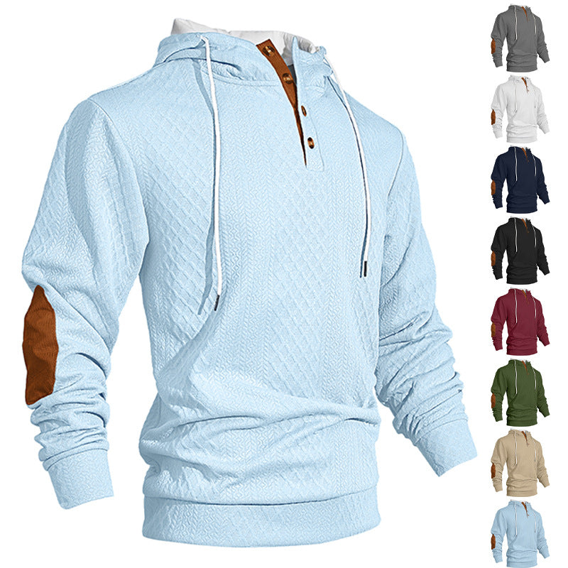 Men's nan diamond structure hoodie with short button placket, quilted hood inner edge, and suede elbow patch StylebySassy