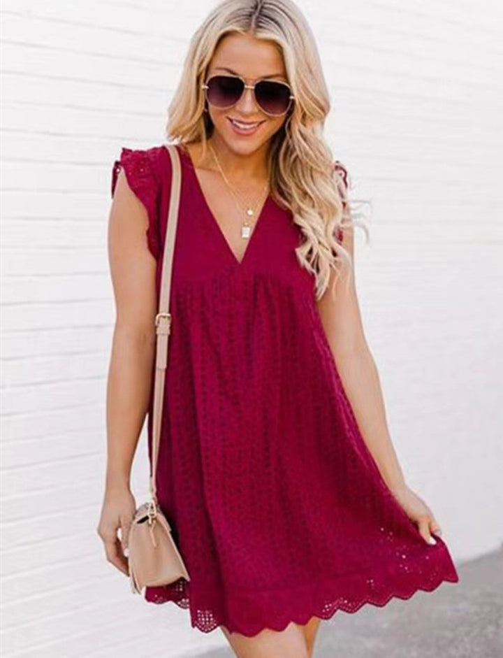 Women's Broderie-Anglaise Mini Dress with V-Neck, Ruffled Sleeves, and Insert Pockets StylebySassy