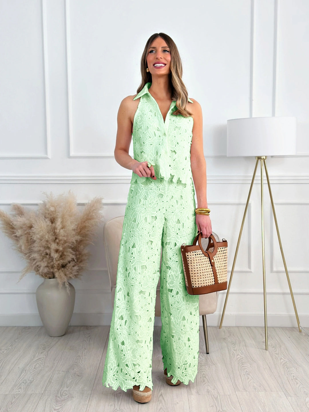 Women floral lace two-piece with shirt collar and wide palazzo pants StylebySassy