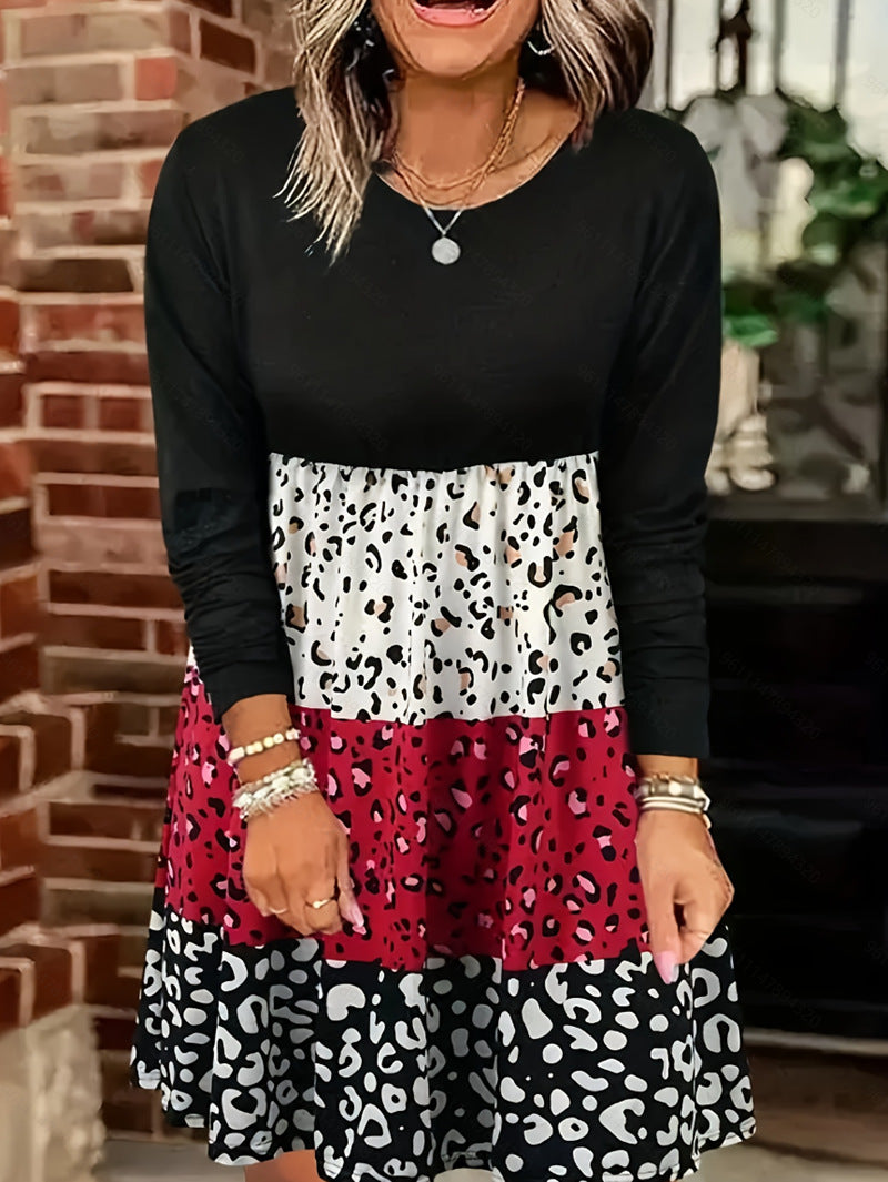 Ladies long-sleeve tiered dress with gathered empire waist and mixed animal print StylebySassy