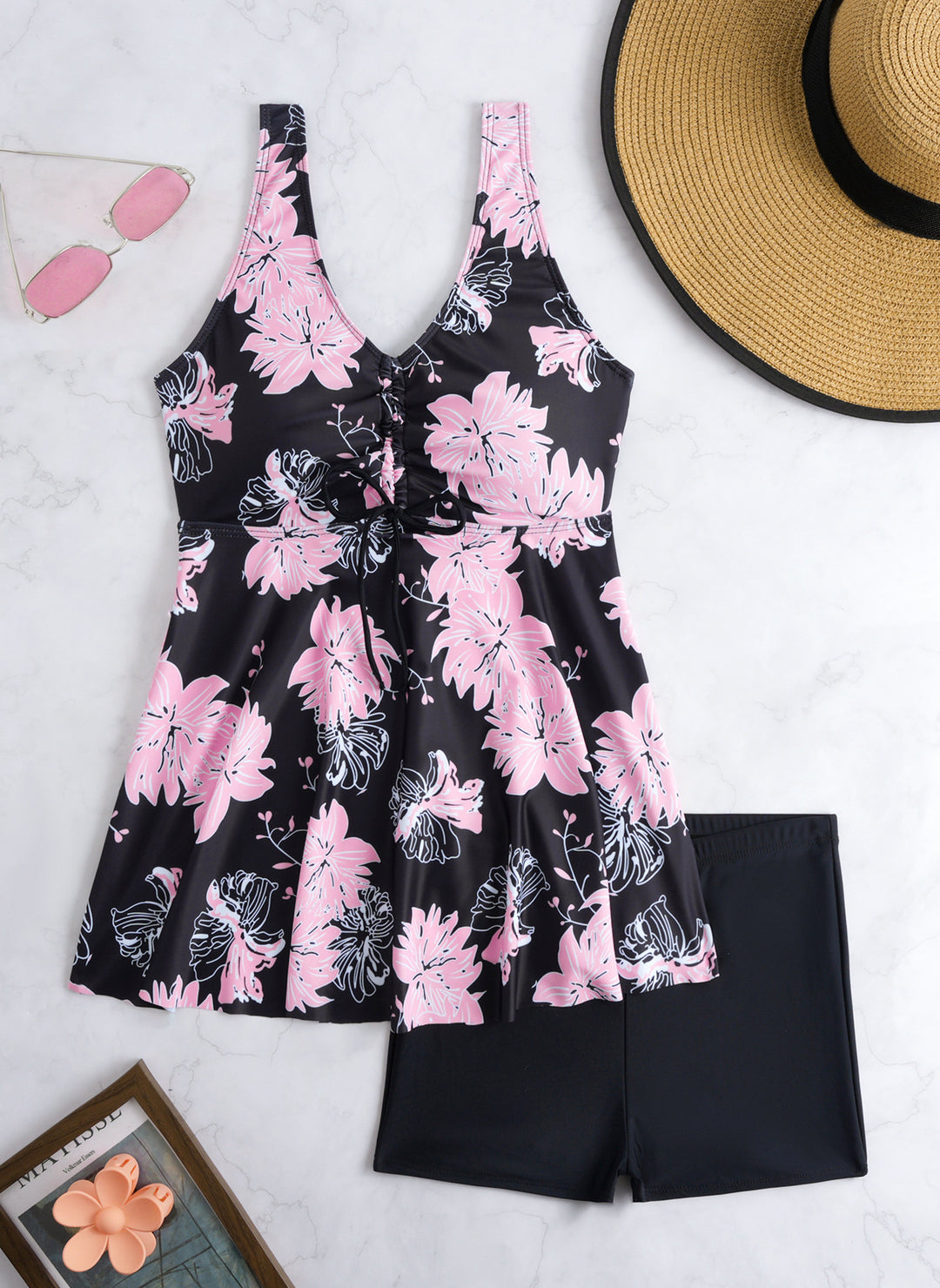 Ladies' tankini set with stylish ruffle and graphic peacock pattern StylebySassy