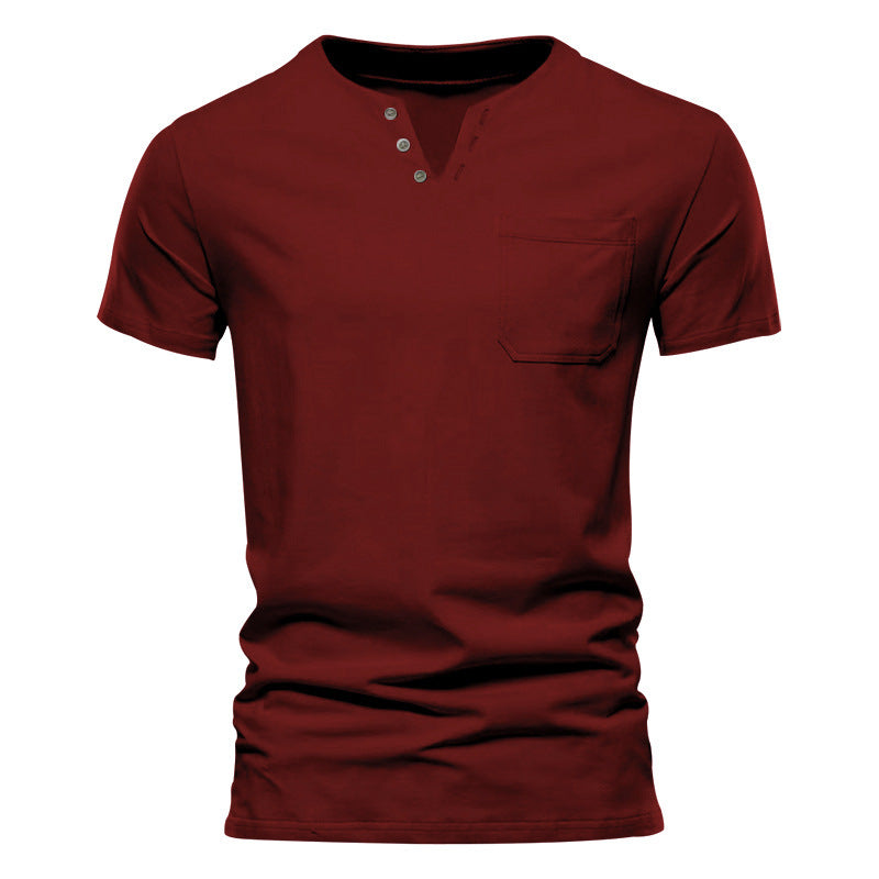 Men's tailored short sleeve Henley shirt with chest pocket and asymmetrical button placket StylebySassy