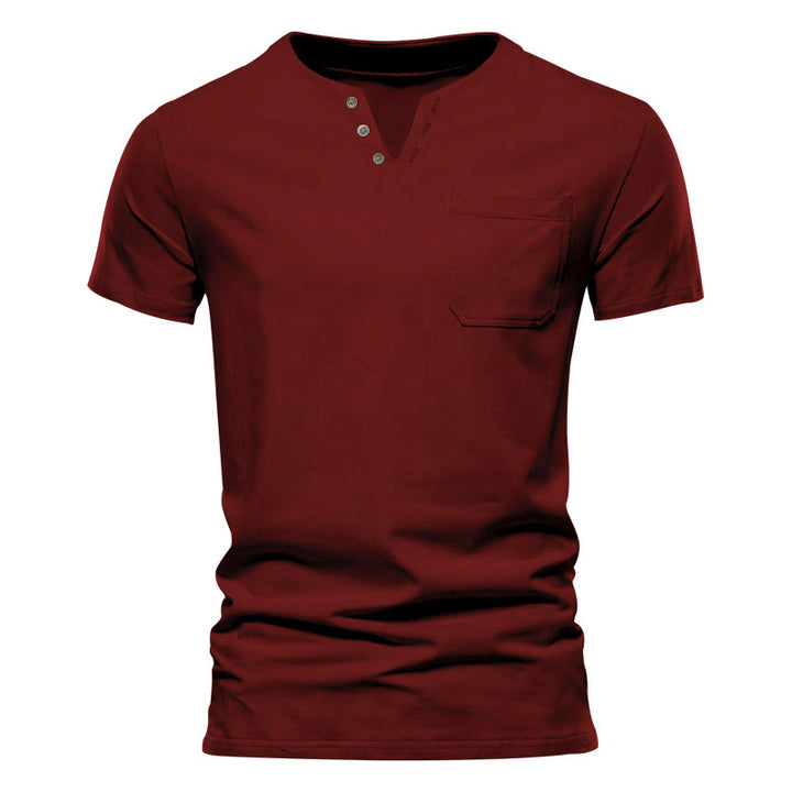 Men's tailored short sleeve Henley shirt with chest pocket and asymmetrical button placket StylebySassy