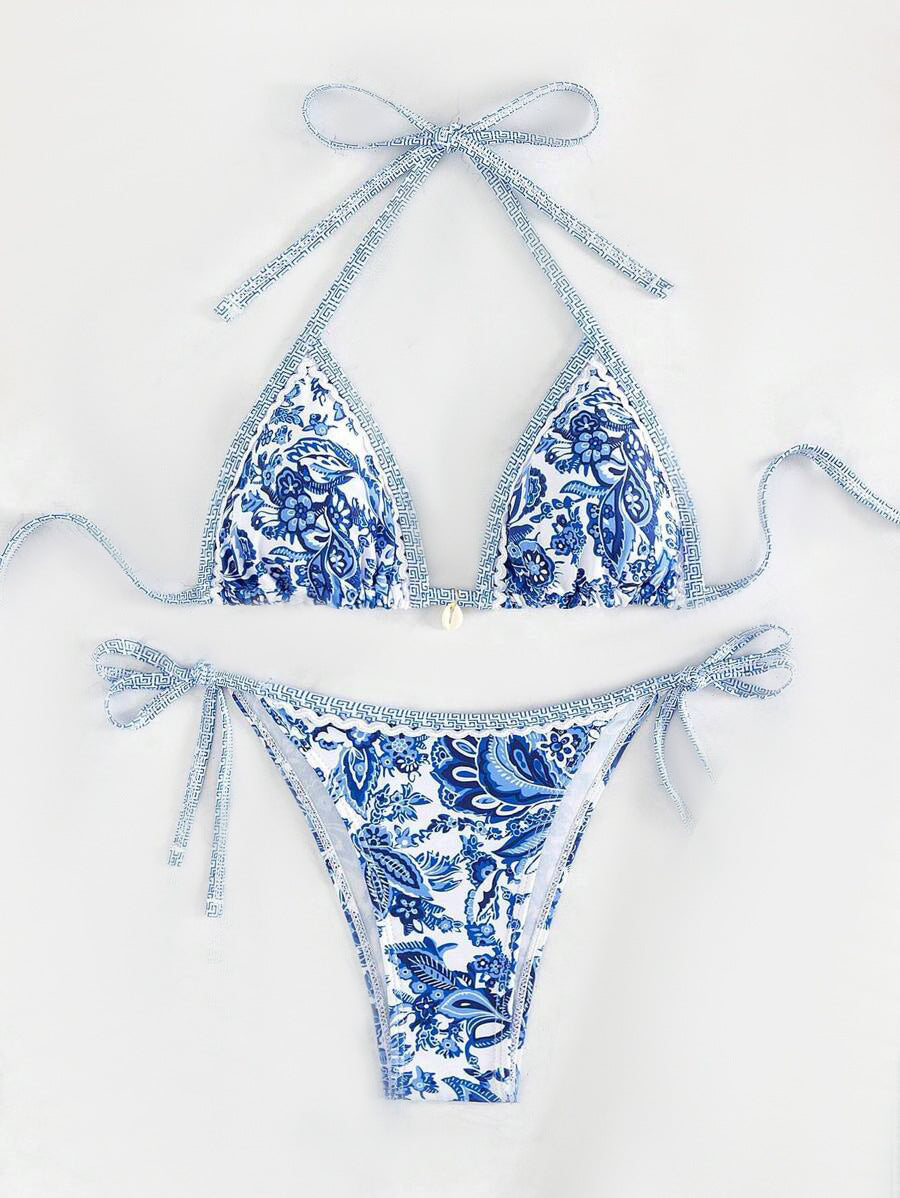 Women's triangle bikini set with adjustable tie straps and floral design StylebySassy