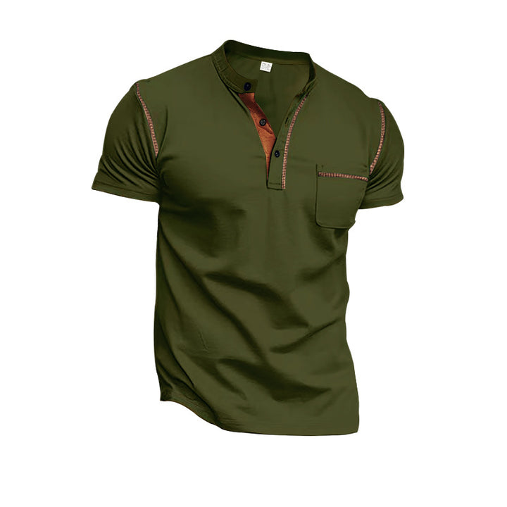Men's short-sleeve polo in Henley style with stand-up collar, chest pocket and contrast stitching StylebySassy