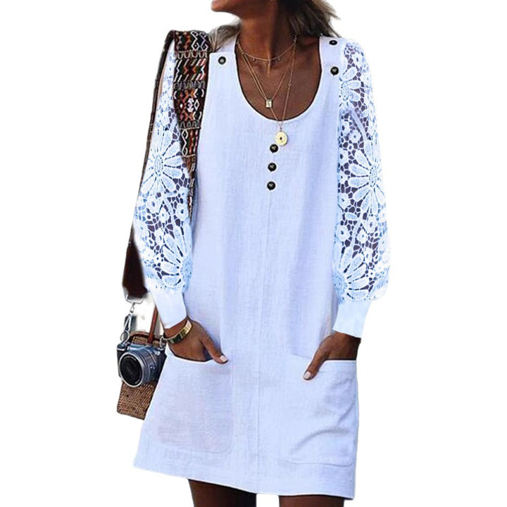 Women's relaxed linen mini dress with floral crochet sleeves, U-neckline and patch pockets StylebySassy