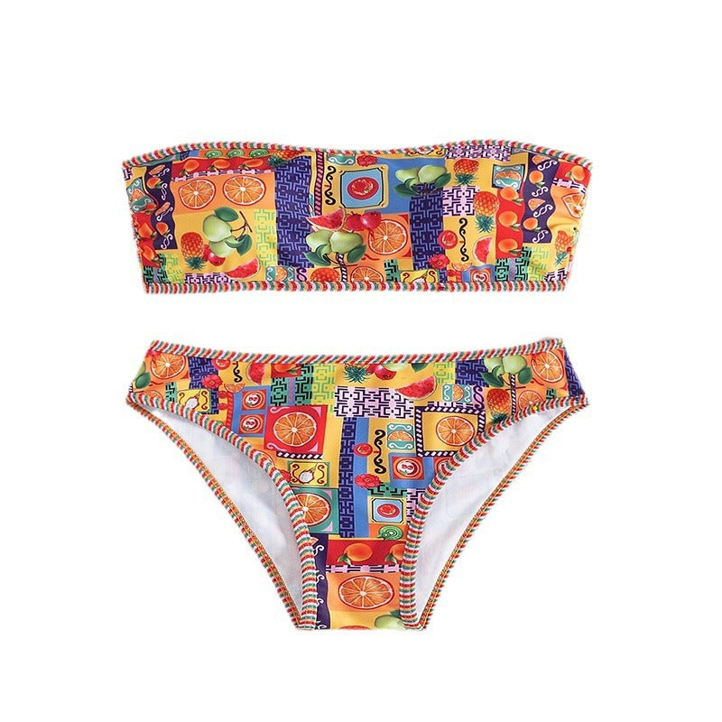 Ladies bandeau bikini with fruity pattern and decorative contrasting seams StylebySassy
