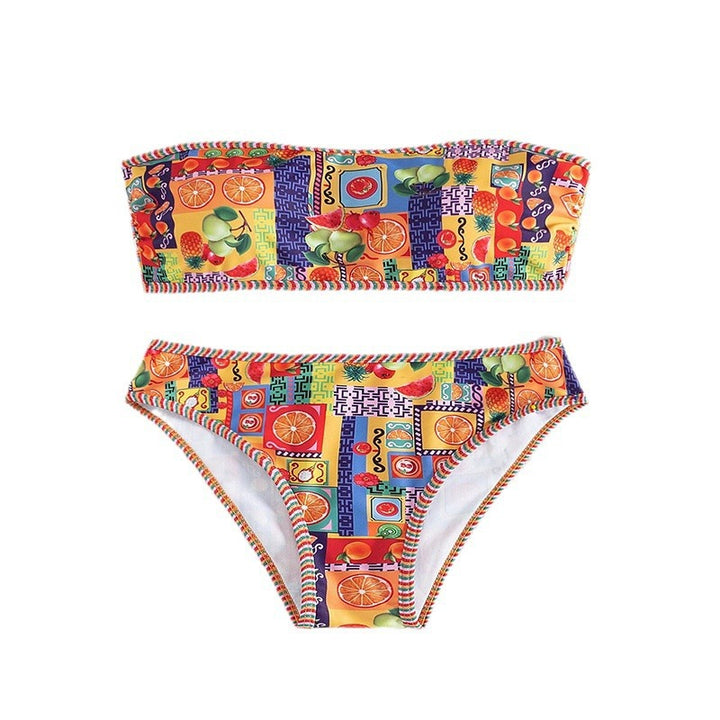 Ladies bandeau bikini with fruity pattern and decorative contrasting seams StylebySassy