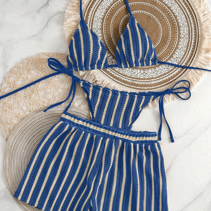 Women's bikini set with striped design and casual shorts StylebySassy
