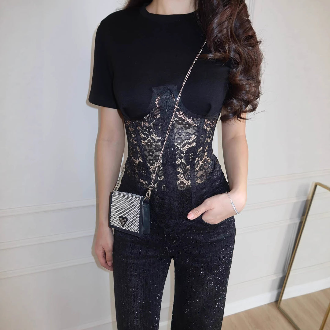 Women nan T-shirt with inserted lace corset and contoured underwire seam StylebySassy