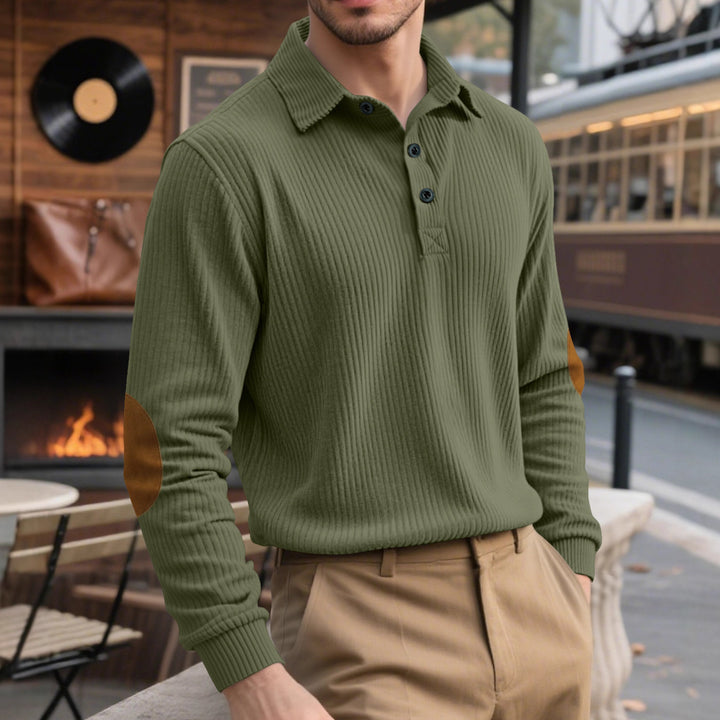 Men's ribbed casual polo with kent collar, short button placket and velour elbow patches StylebySassy