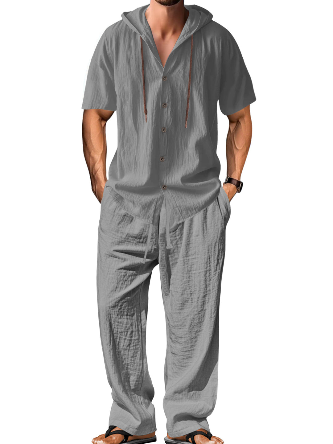 Men's airy linen lounge set with short-sleeved hoodie and straight relaxed pants StylebySassy