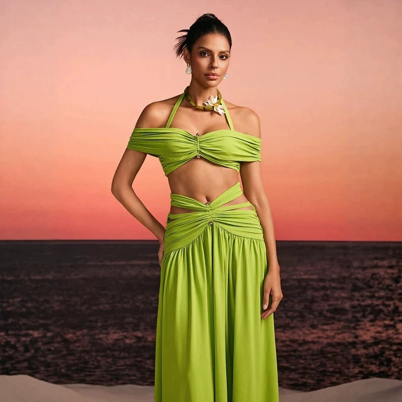 Women's maxi dress with sophisticated cut-out and decorative draping
