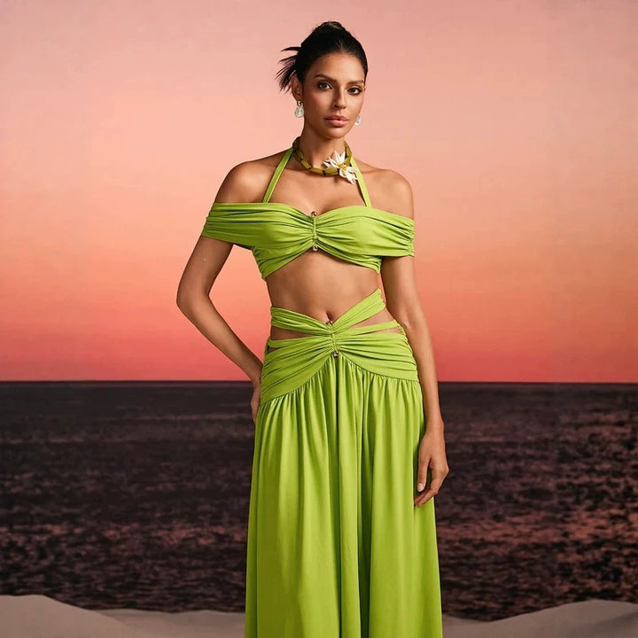 Women's maxi dress with sophisticated cut-out and decorative draping