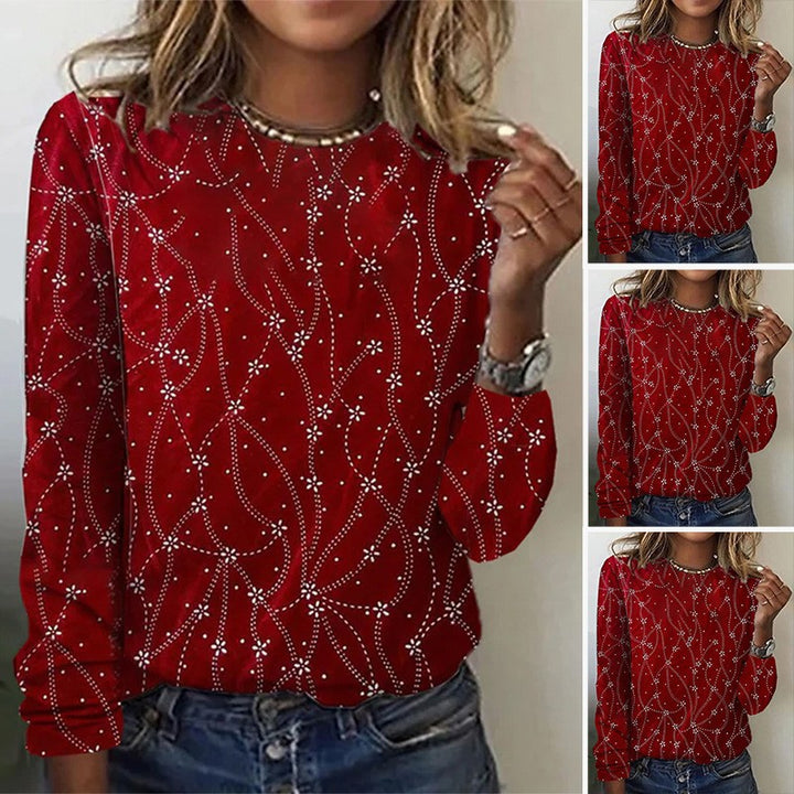 Women’s loose round neck sweatshirt with rhinestone embellishment and floral polka dot pattern StylebySassy