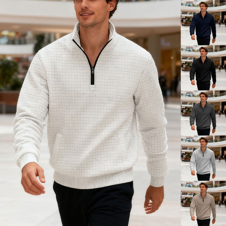 Men's quilted half-zip sweater with square waffle texture and kangaroo pocket StylebySassy
