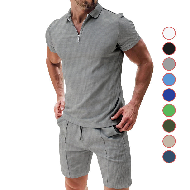 Men's casual polo shirt and chino shorts set with half zipper, textured jersey and subtle crease StylebySassy