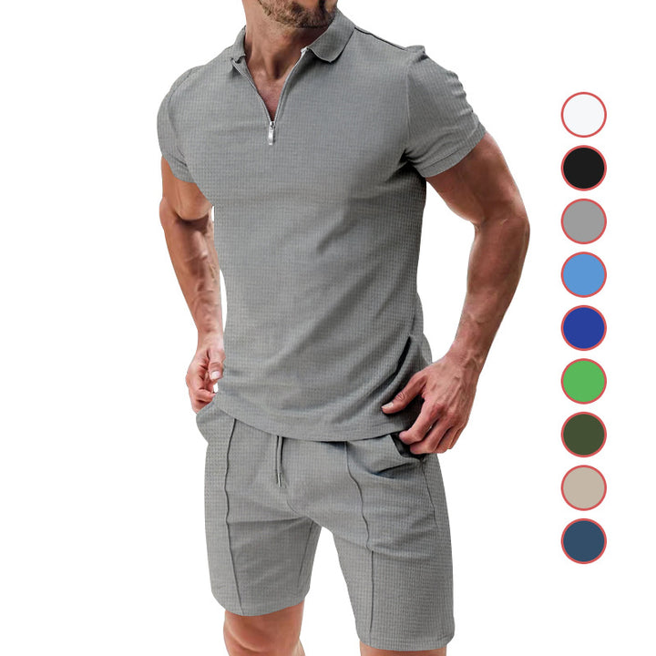 Men's casual polo shirt and chino shorts set with half zipper, textured jersey and subtle crease StylebySassy