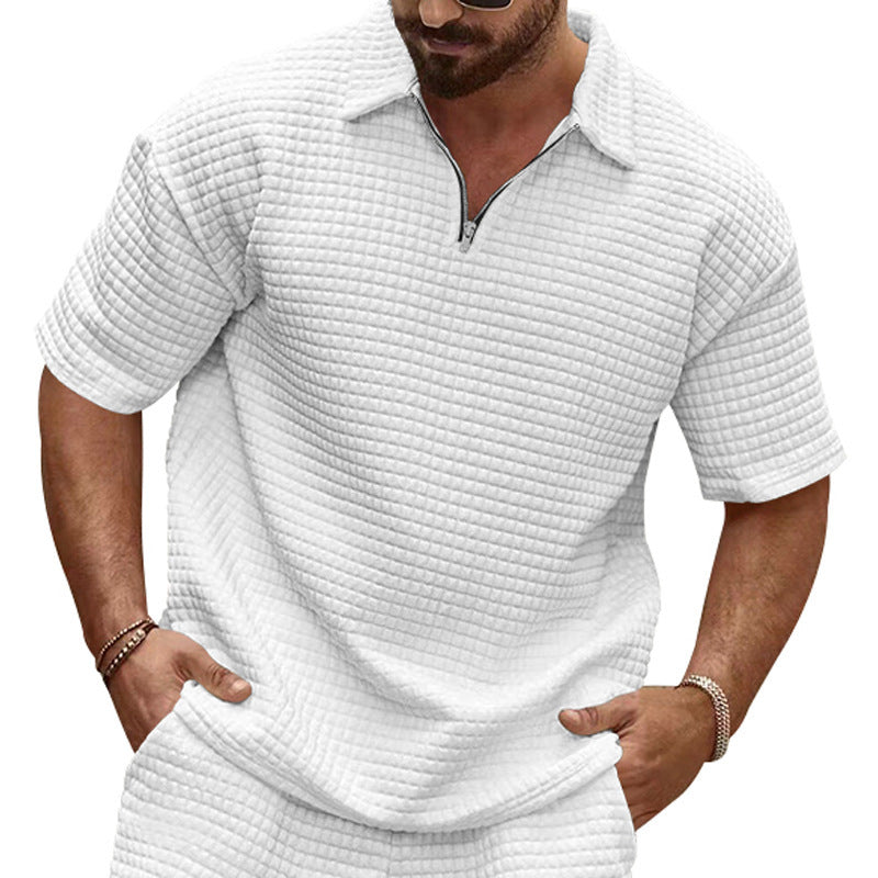 Men's polo collar ensemble with quilted box pattern, short front zipper and loose fit StylebySassy