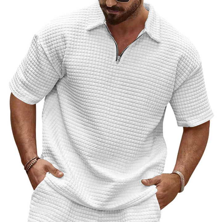 Men's polo collar ensemble with quilted box pattern, short front zipper and loose fit StylebySassy