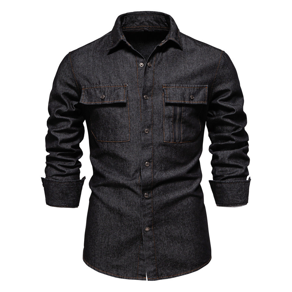 Men's tailored denim shirt with Kent collar, patch chest pockets and contrast stitching StylebySassy