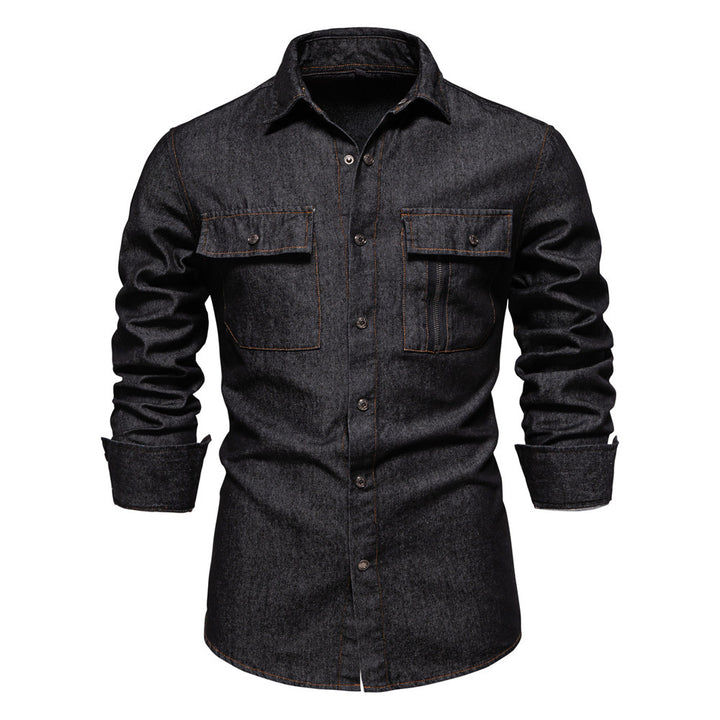 Men's tailored denim shirt with Kent collar, patch chest pockets and contrast stitching StylebySassy