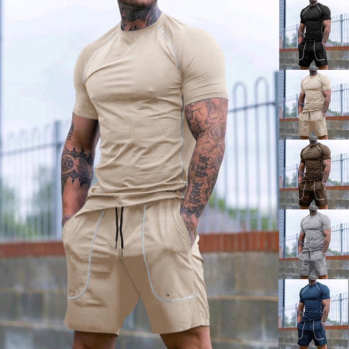 Men's Raglan-Fit Short Sleeve Shirt and Drawstring Shorts Set made of breathable stretch jersey with contrast stitching StylebySassy