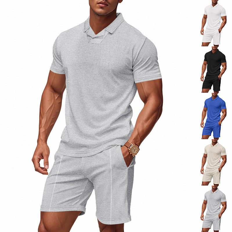 Men's casual waffle structured leisure set with lapel collar short sleeve shirt and elastic leisure shorts StylebySassy
