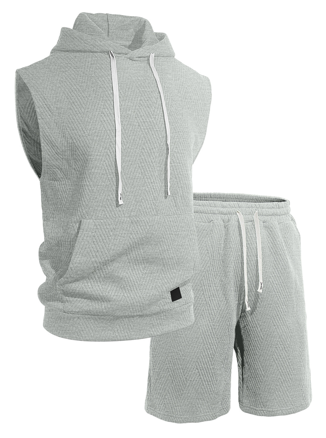 Men's sleeveless hoodie lounge set made of textured cotton blend with kangaroo pocket and elastic leisure pants StylebySassy