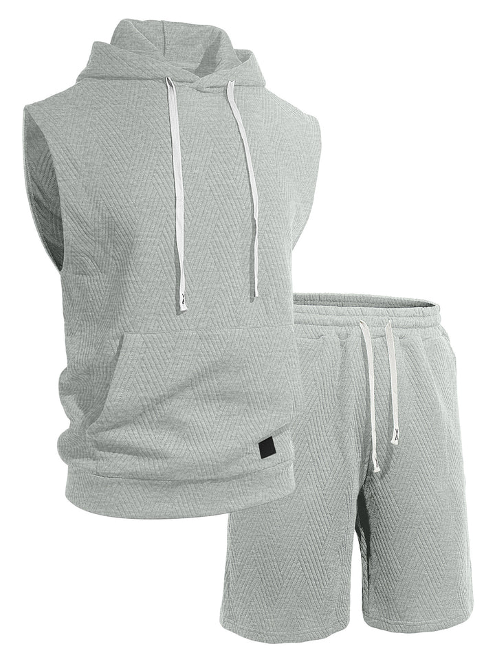 Men's sleeveless hoodie lounge set made of textured cotton blend with kangaroo pocket and elastic leisure pants StylebySassy