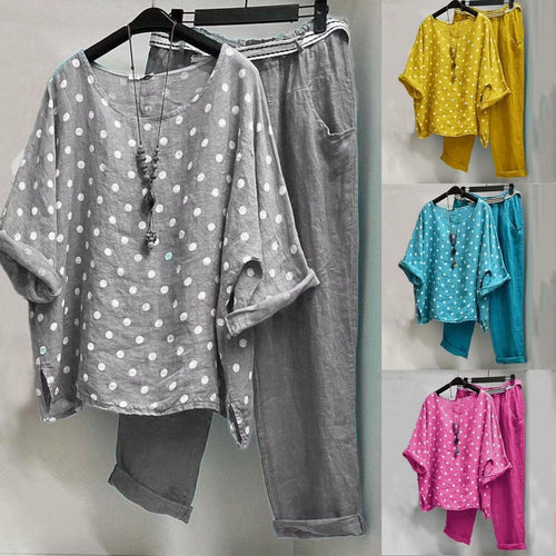 Women's comfortable linen leisure set with loose tunic, polka dot pattern and elastic waistband pants StylebySassy