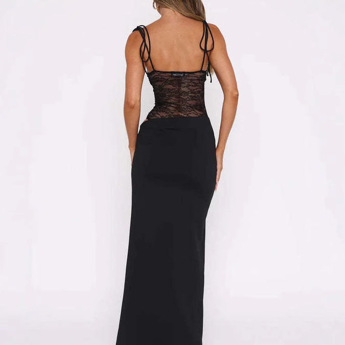 Women’s elegant max dress with transparent lace bodice, bandeau top, and tie straps StylebySassy