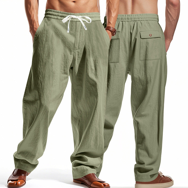 Men's wide comfort trousers in linen blend with elastic drawstring, straight leg, and patch back pockets StylebySassy