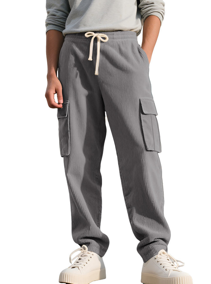 Men's casual utility cargo joggers with vertical ribbed structure, drawstring waistband, and large flap pockets StylebySassy