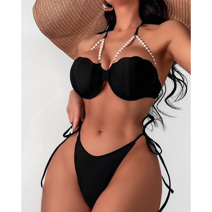 Women's bikini top with shell-shaped design and pearl lacing StylebySassy